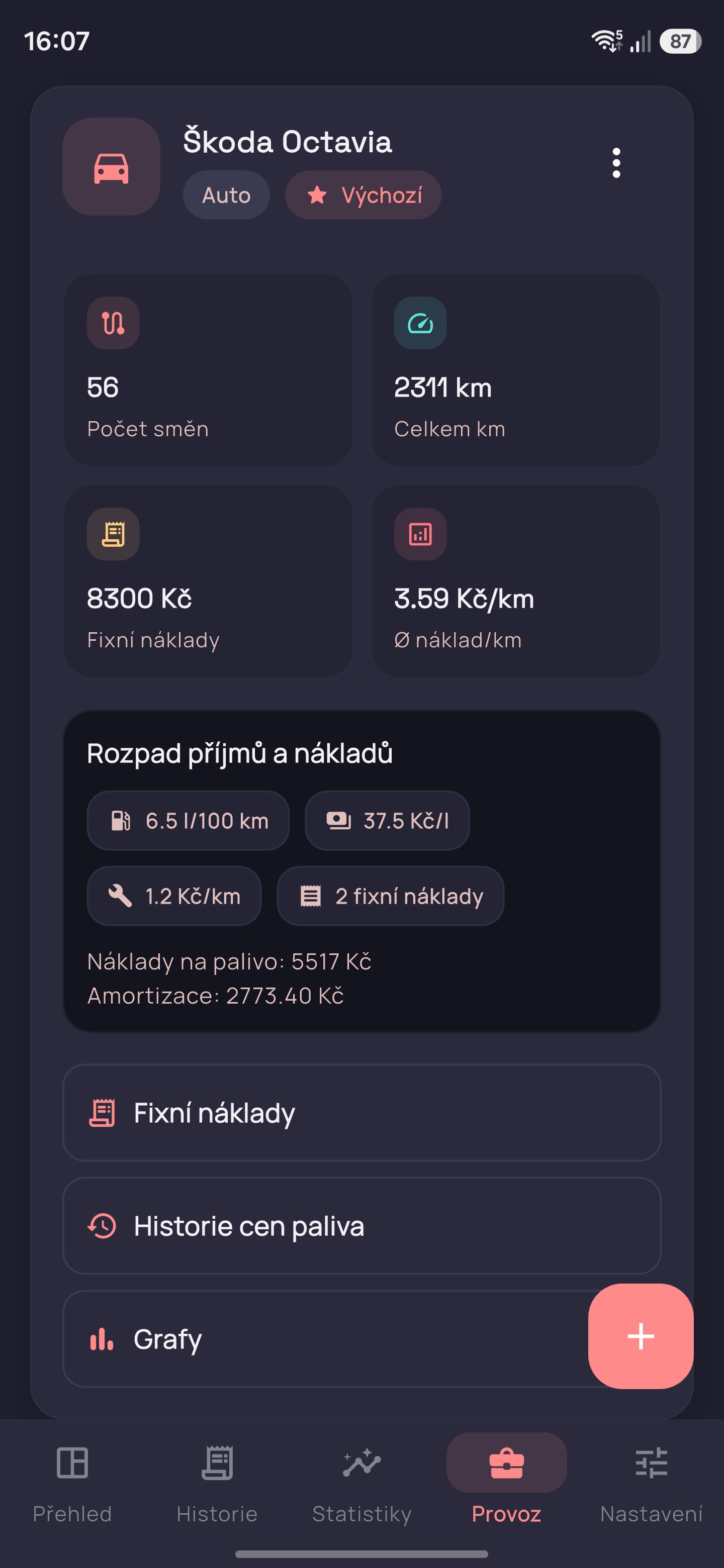 Trackerio detail vozidla náklady amortizace spotřeba