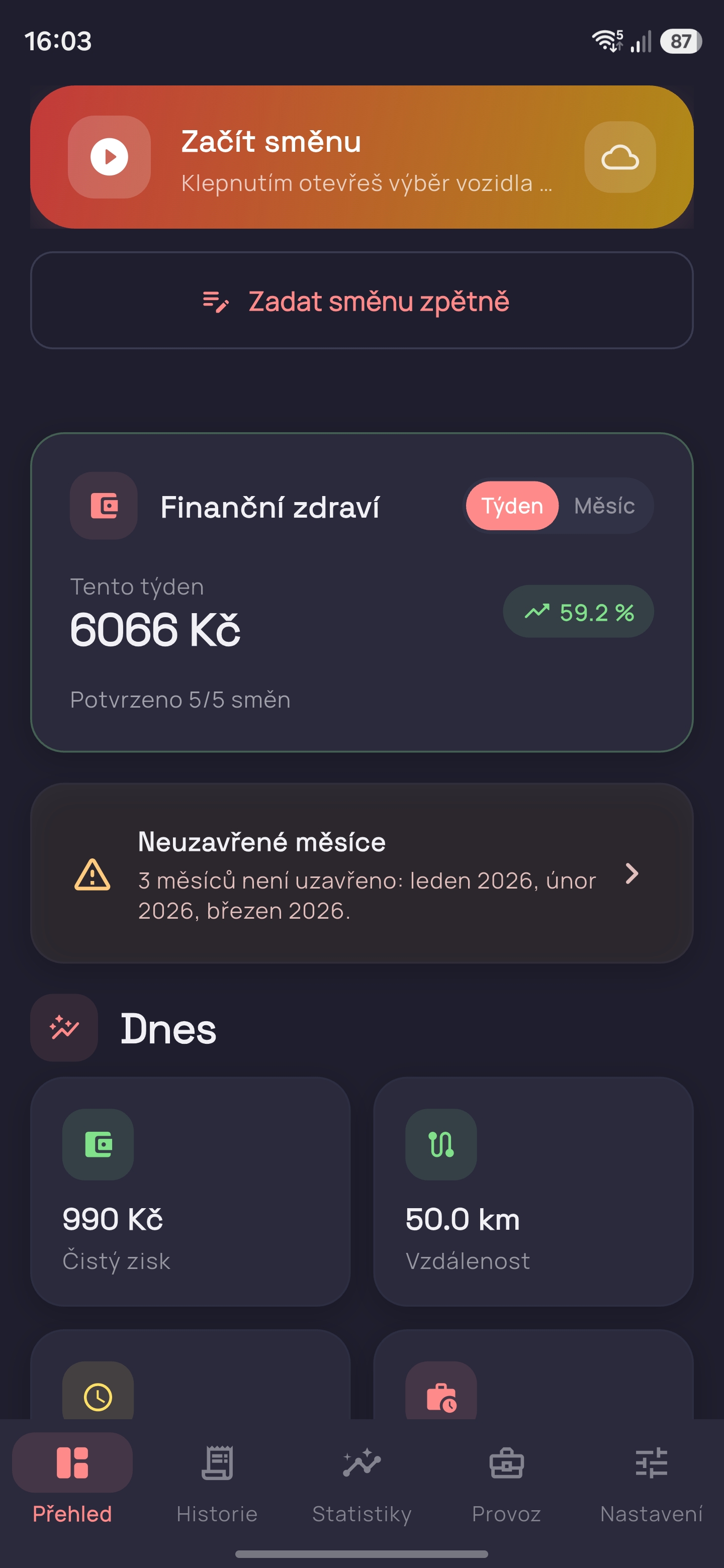 Trackerio aplikace pro kurýry – dashboard s přehledem čistého zisku z rozvozu