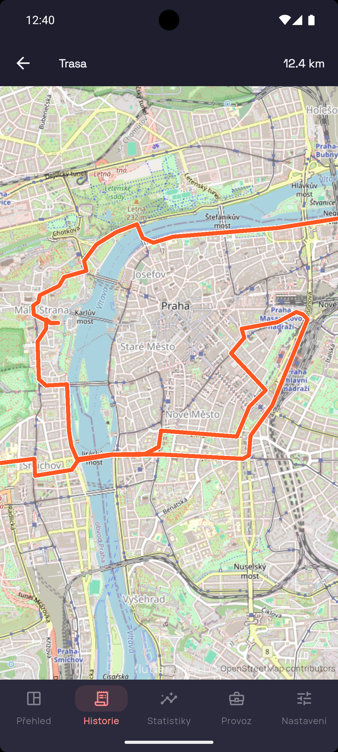 Trackerio GPS mapa trasy kurýra – přehrání jízdy