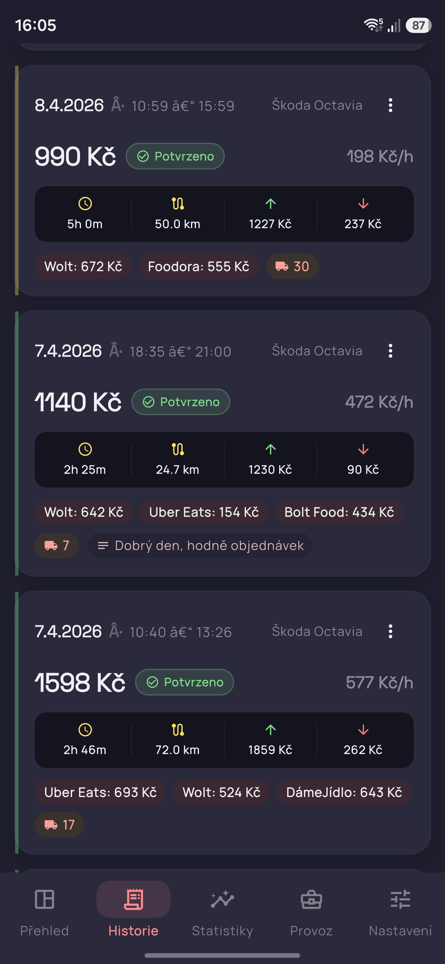 Trackerio historie směn seznam jízd kurýra