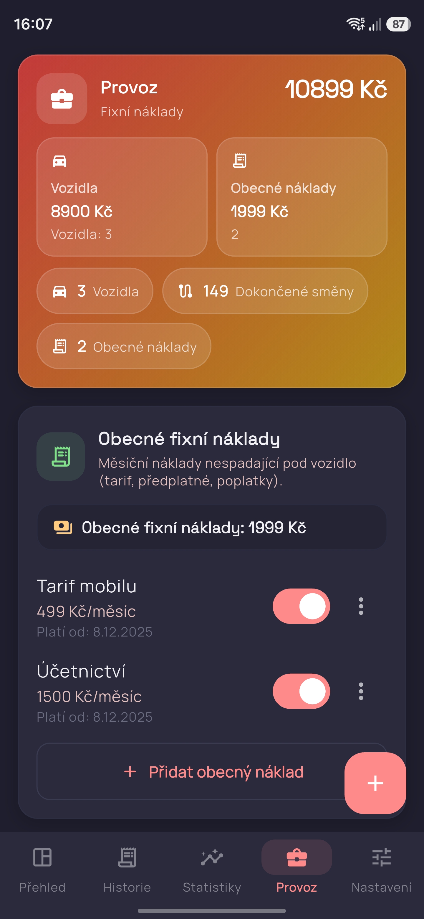 Trackerio provozní náklady fixní náklady kurýra
