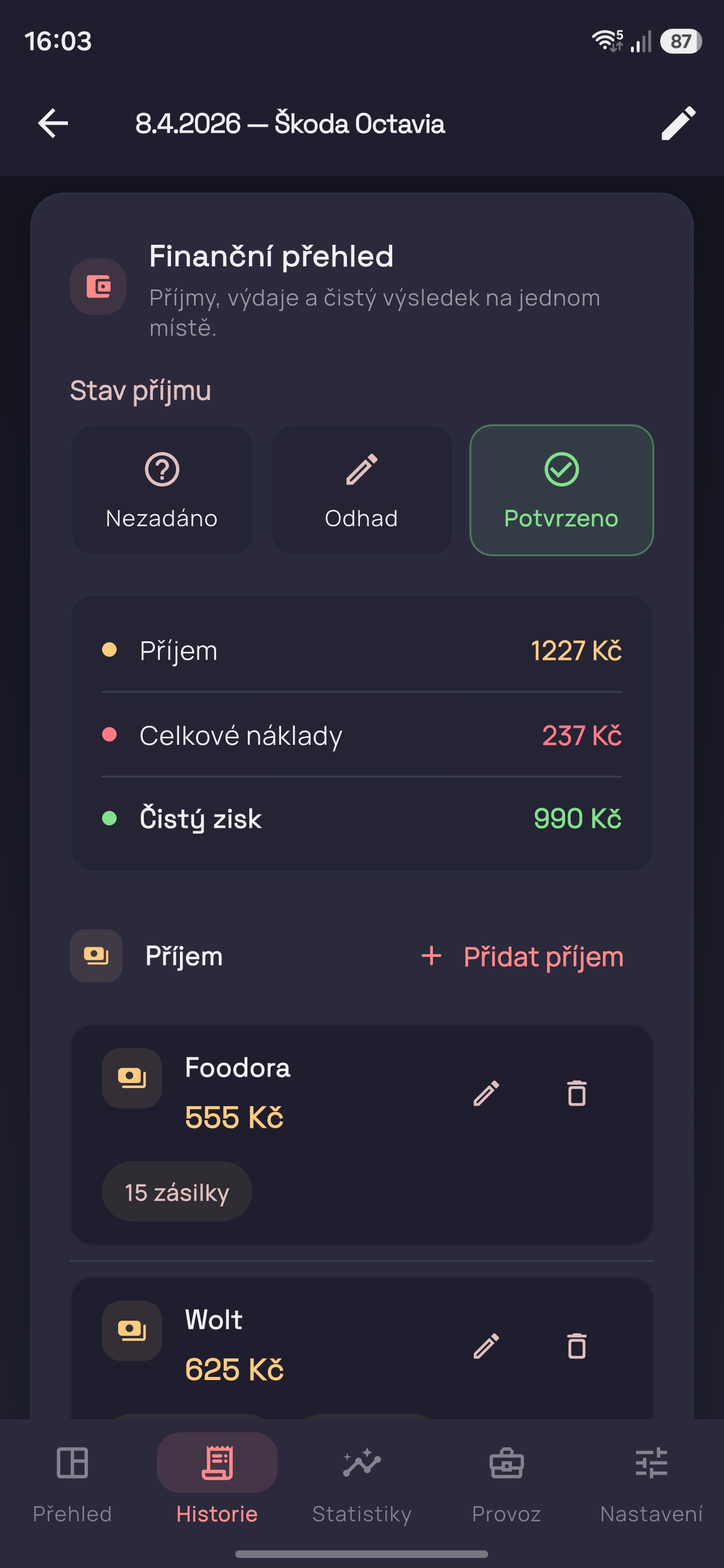 Trackerio finanční rozpad směny příjmy náklady