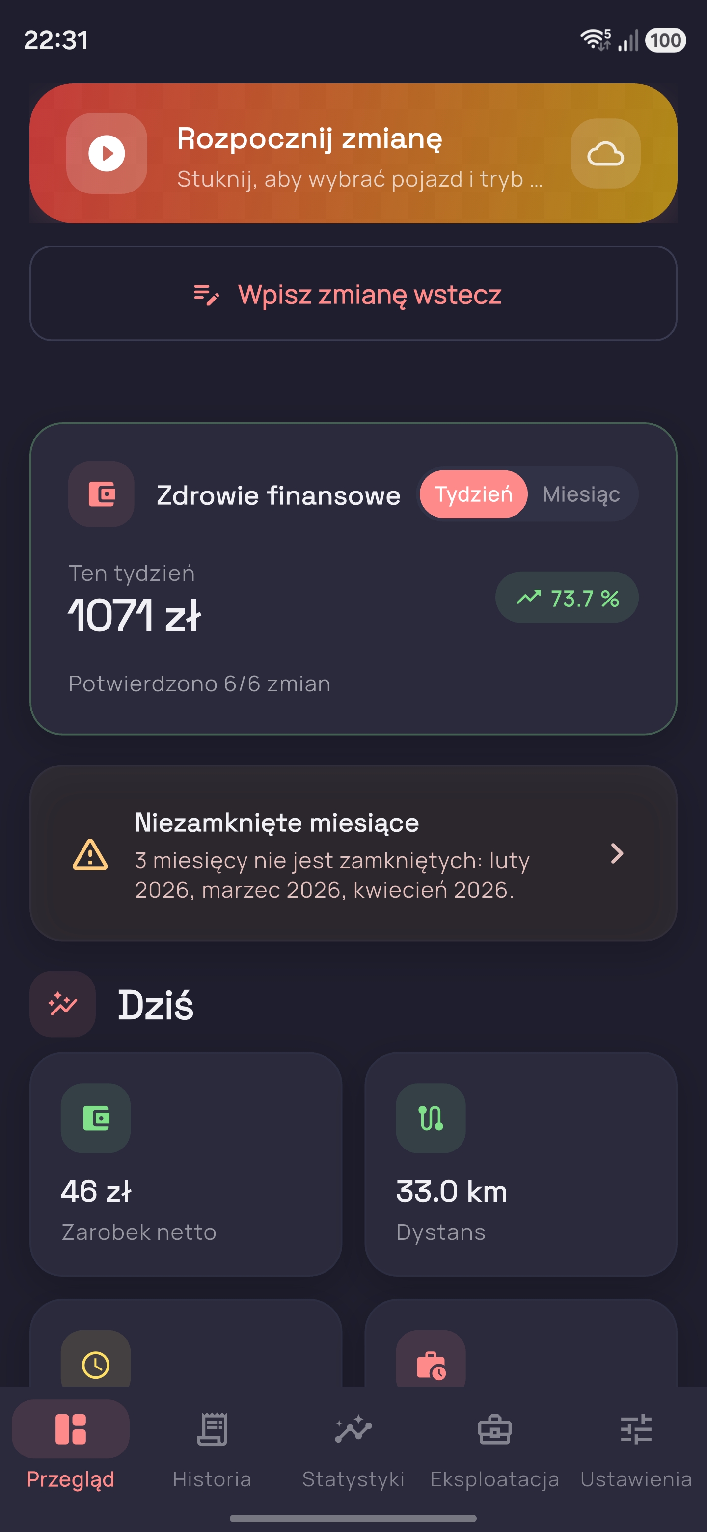 Trackerio aplikacja dla kurierów – dashboard z przeglądem czystego zysku z dostaw