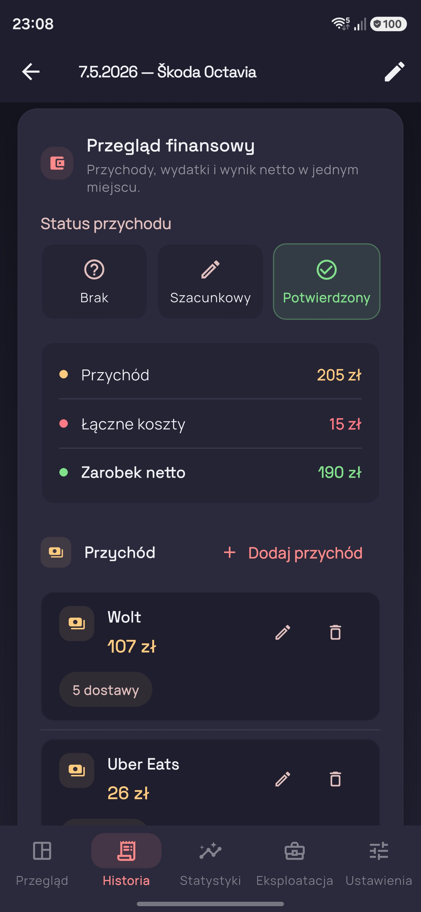 Trackerio finansowy rozkład zmiany przychody koszty