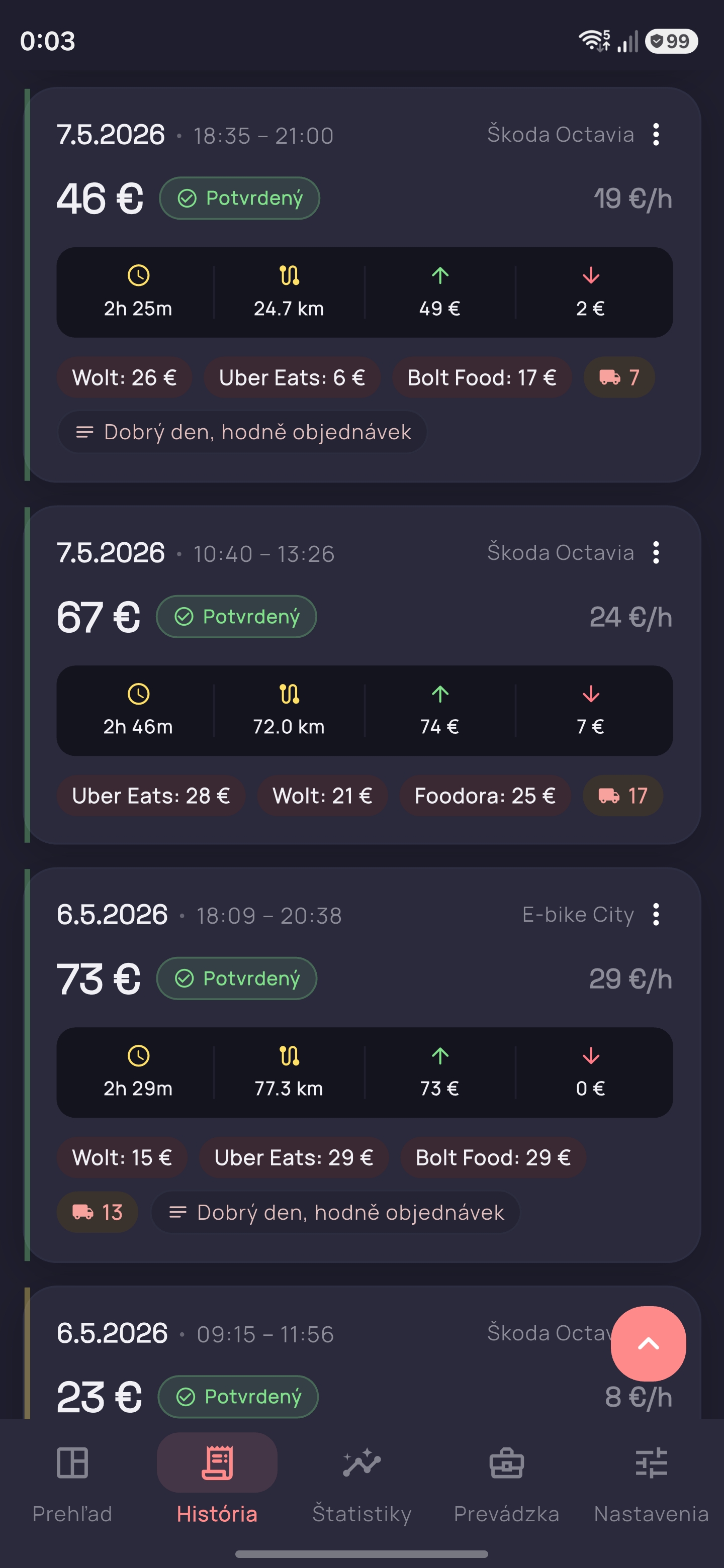 Trackerio história zmien zoznam jázd kuriéra