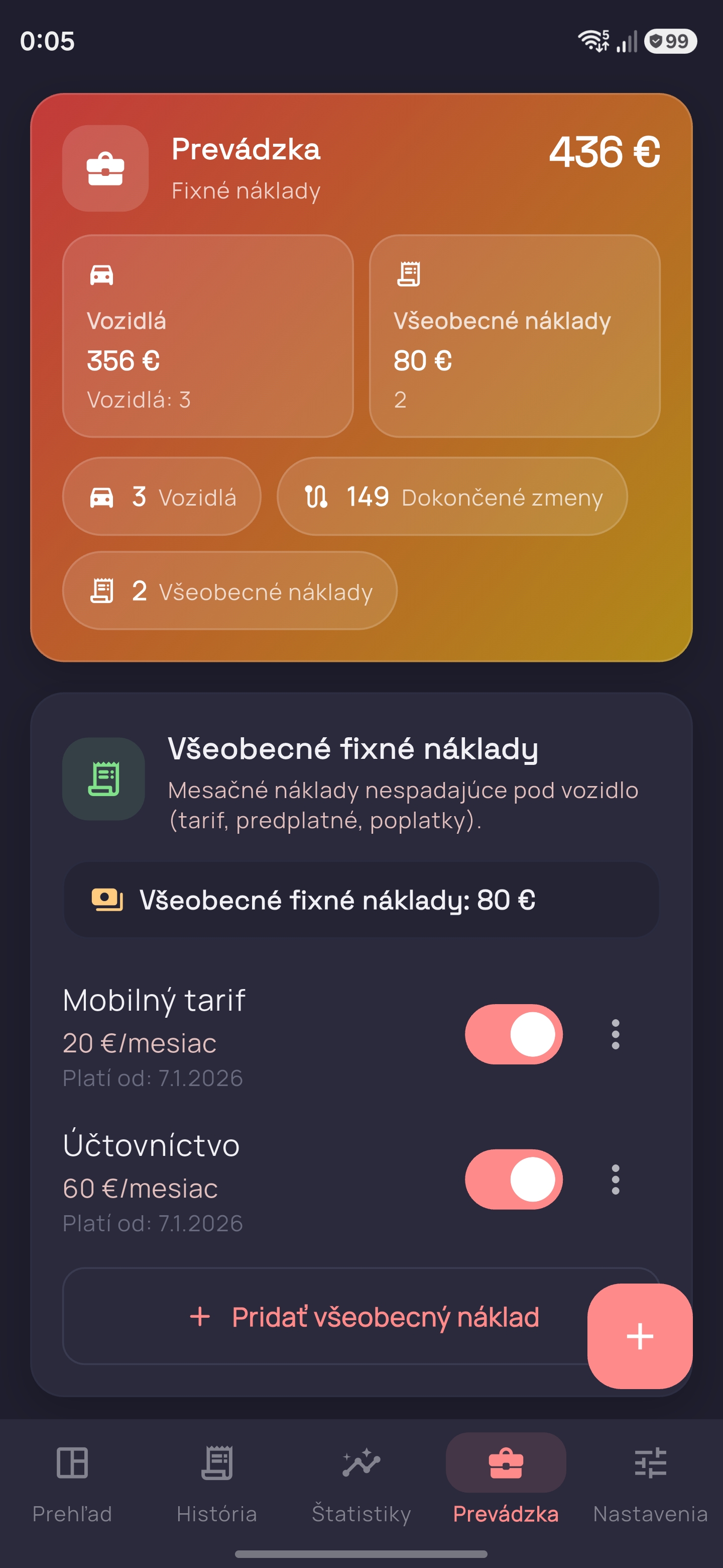 Trackerio prevádzkové náklady fixné náklady kuriéra